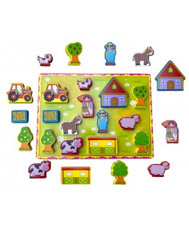 Hamaha Educational Wooden Toy 3D Farm Rope Threading and Point-and-Plug Game